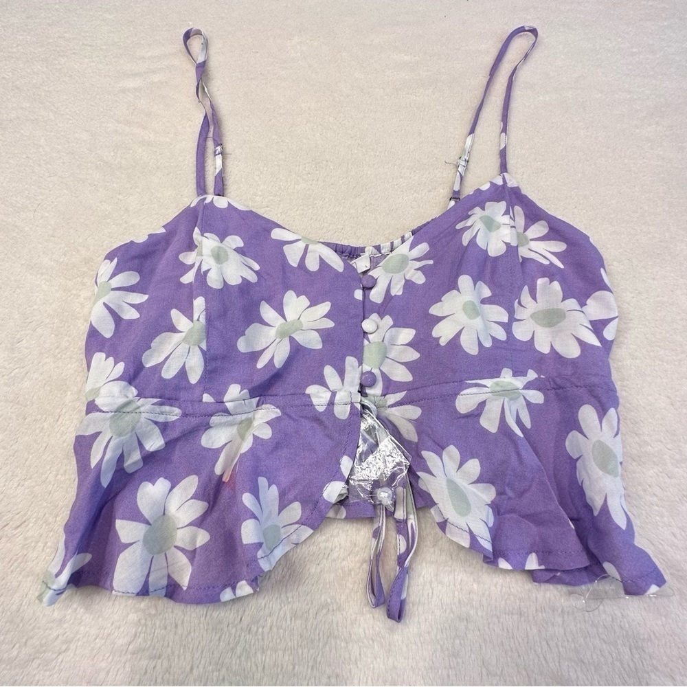 NWT Full Tilt Purple Floral Daisy Split Front Strappy Crop Tank - Picture 6 of 15